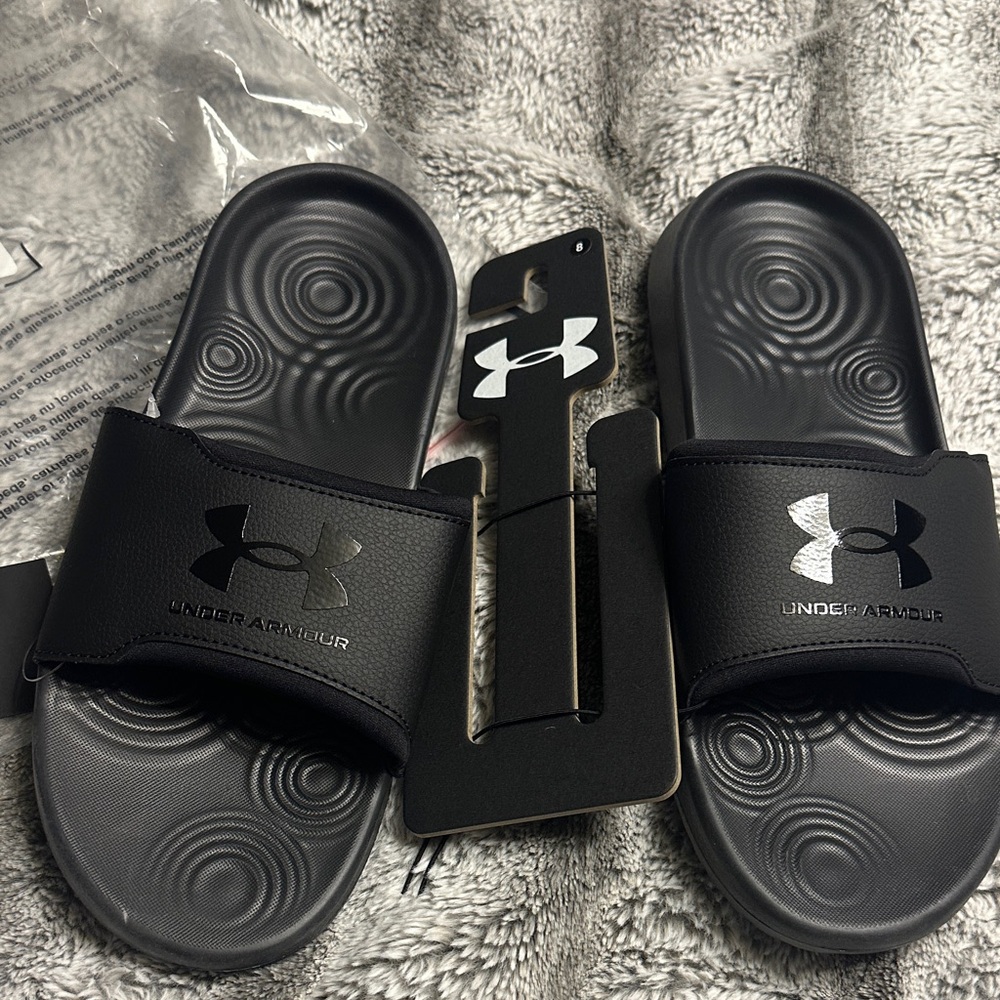 Under Armour Black Slide Sandals with Silver Logo